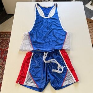 Andrew Christian Shiny Dazzle Blue and White Athletic Tank and Shorts set S